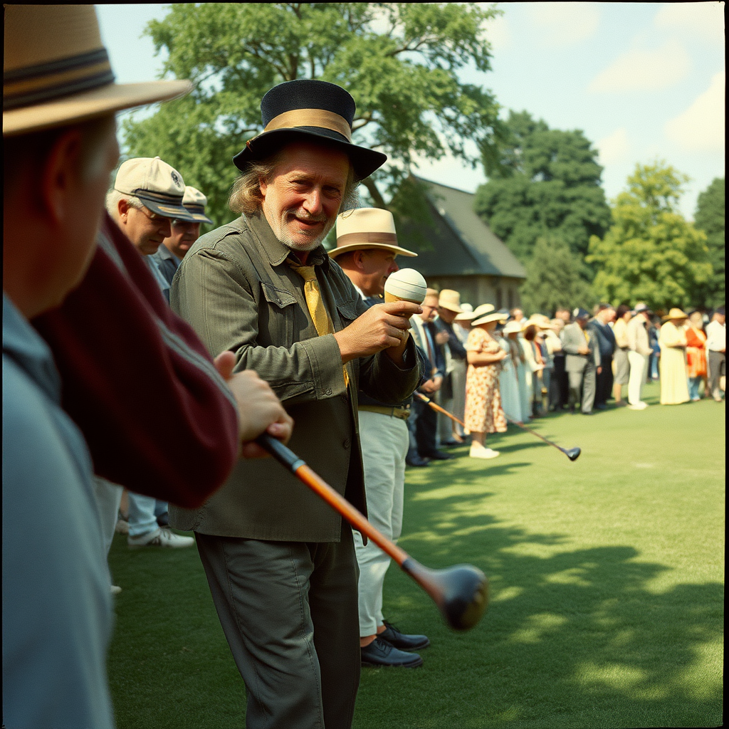 Highly detailed Kodachrome color real British surreal photograph from 1978 of August saw a contest fit for Kings  
From far and wide they came to trade their swings  
Little grubs with stone-age clubs  
And tanners' sons with foxes gloves  
They came to face the stiffest course since Tring  