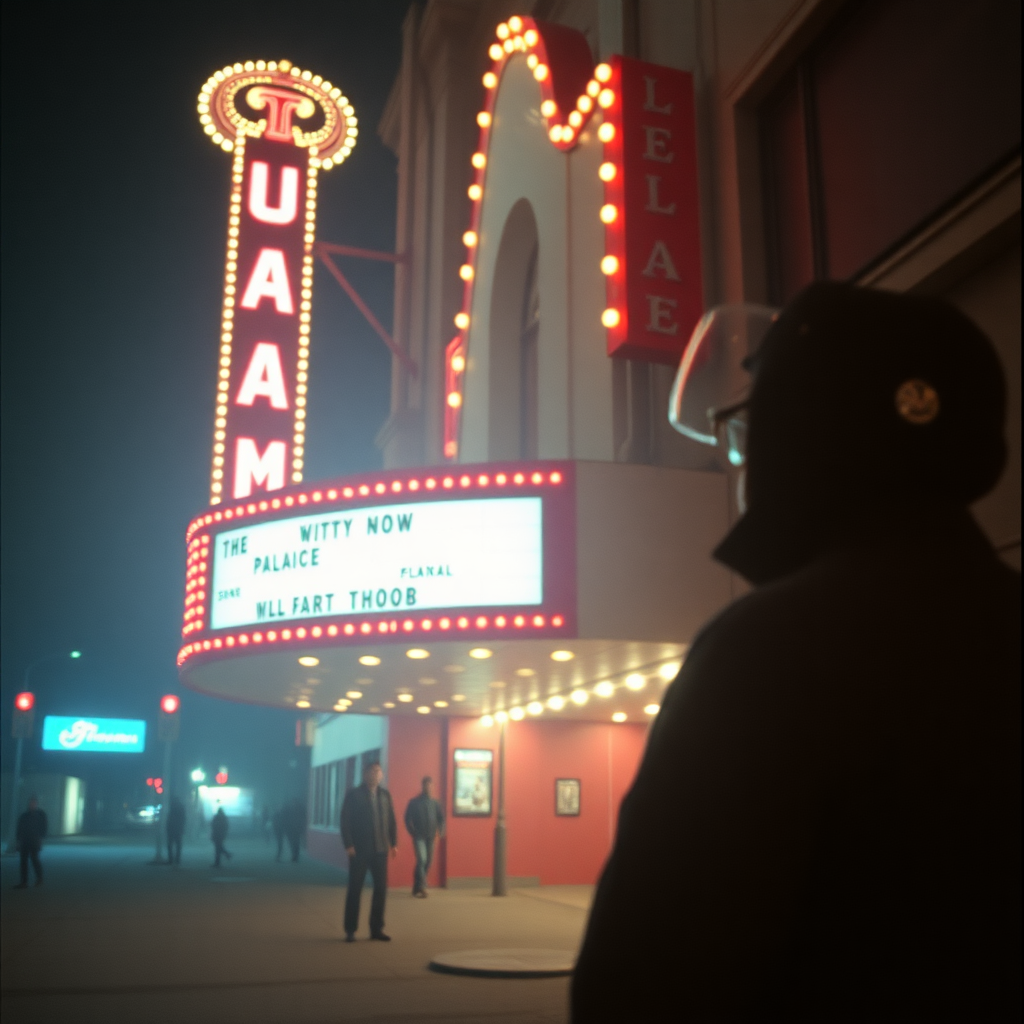 Highly detailed Kodachrome color real surrealist photograph from 1974 of The movie palace is now undone  
The all-night watchmen have had their fun