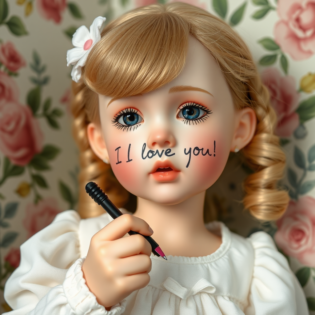 ooak art doll writing "I love you!", artist doll, realistic doll, life-like porcelain doll, young preteen girl, unique personality, bisque doll, floral wallpaper