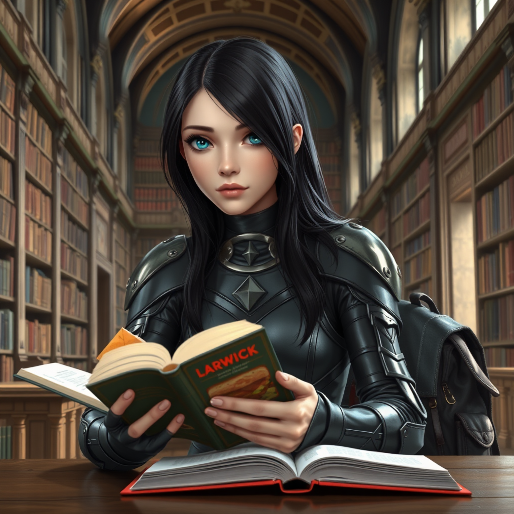 beautiful young woman, dark hair past her shoulders, blue eyes, small, slim figure, wearing full leather armor suit, sitting at table, reading book, a sandwich and backpack, in a grand old library.