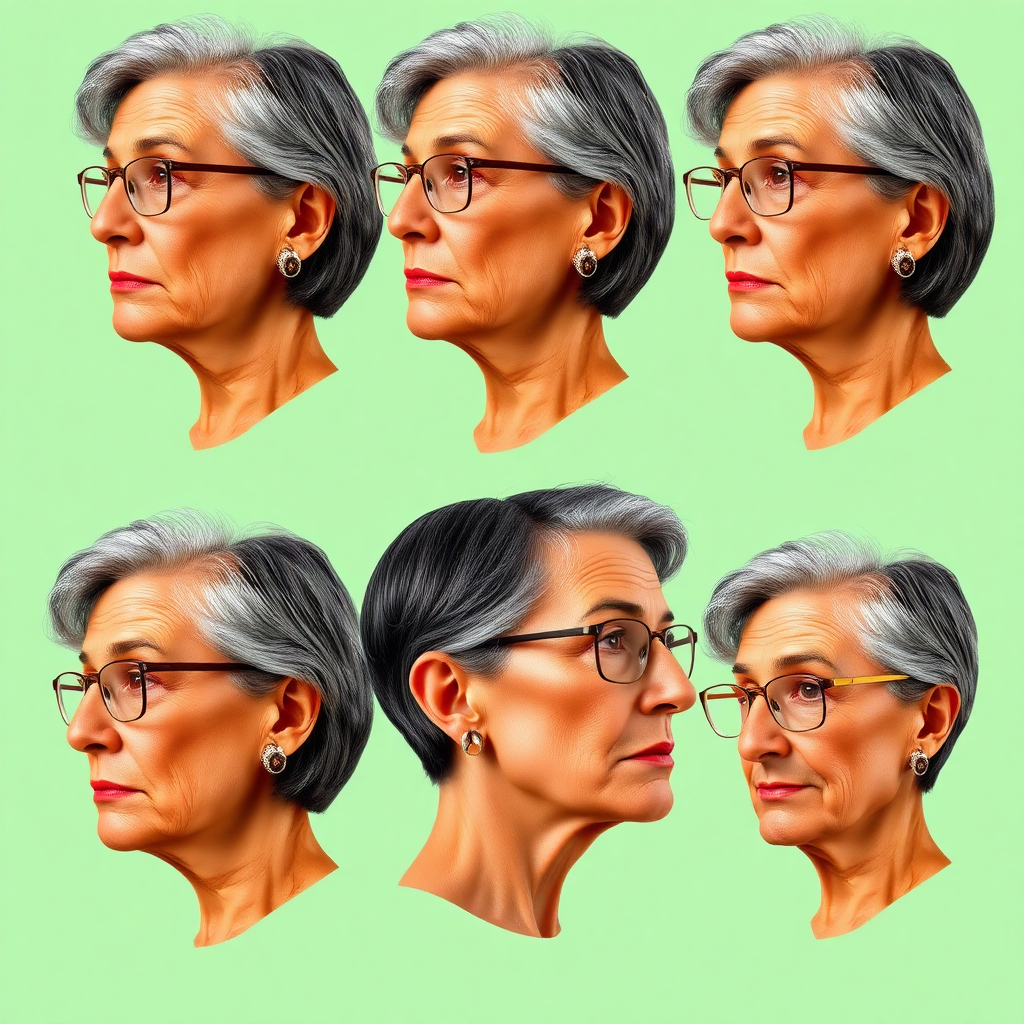 Photorealistic image of six headshots of a 55 Years old, European, Latina, sharp aquiline nose, wrinkles, high cheekbones, Middle Eastern, Skinny, Tanned skin, Dark light skin, full Makeup, jewelry, Sharp nose, frowning, ecstatic expression, dark grey Ash hair, short bowl haircut, Brown eye color, Glasses, with detailed features. Each photo displays the same face in profile and front view, cut out and isolated on a green background. All six heads are visible side by side, empty space around each view, no overlapping.