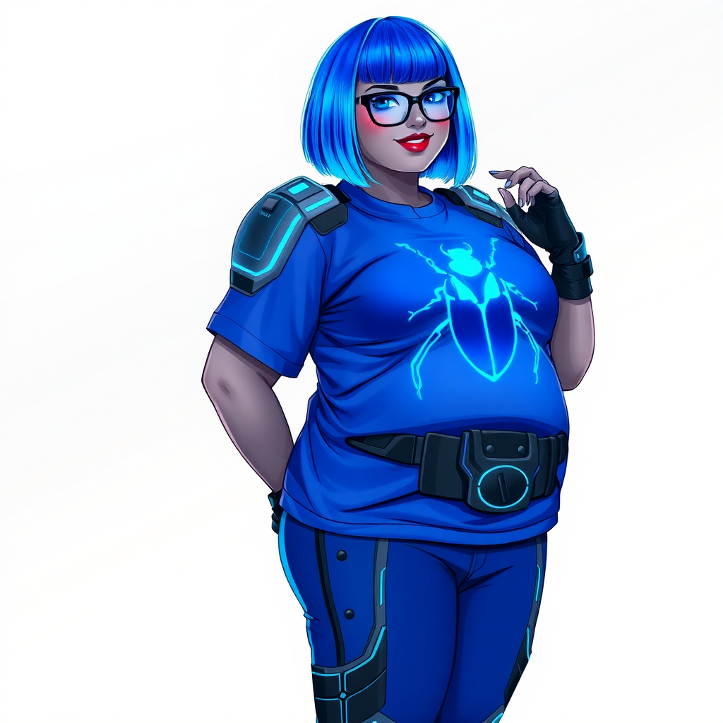 A 28-year-old, full-figured, metallic middle gray skinned computer program hybrid with a vibrant maximum blue bob cut. She has a non-athletic build, highlighted by a prominent, round, large midsection (fully emphasizing her round large belly) while being covered by her large t-shirt, reflecting her new junk food eating habits influenced by her boyfriend. As the full-figured, nerdy, digital sidekick to her cyberpunk vigilante boyfriend, her middle gray metallic skin and maximum blue lipstick underscore her digital essence. She dons a digital, computerized outfit: a large, tight-fitting, high-tech, maximum blue t-shirt with neon blue glowing beetle themed accents complete by a giant neon blue glowing beetle icon on the chest, hi-tech shoulder pads with neon blue accents, a black hi-tech belt with a digital sapphire beetle buckle, digital maximum blue pants with neon blue accents, and black hi-tech gloves with neon blue glowing accents. Her neon blue glowing eyes, black eyeglasses with neon blue glowing lenses equipped with a built-in HUD, and shy smile with neon red blush highlight her nerdiness. She stands bashfully with one hand behind her back and the other gently touching her cheek, her outfit covering all her bare skin and fully emphasizing her full-figured physique (especially her large belly). She is clearly non-athletic, with a heavy focus on her full-figured physique (with full emphasis on her large belly). Despite her build, she radiates beauty. Her slim face contrasts with her physique, accentuating her radiant beauty. She is set against a solid white background. She is drawn as if she were in a retro 2D cyberpunk fighting game.