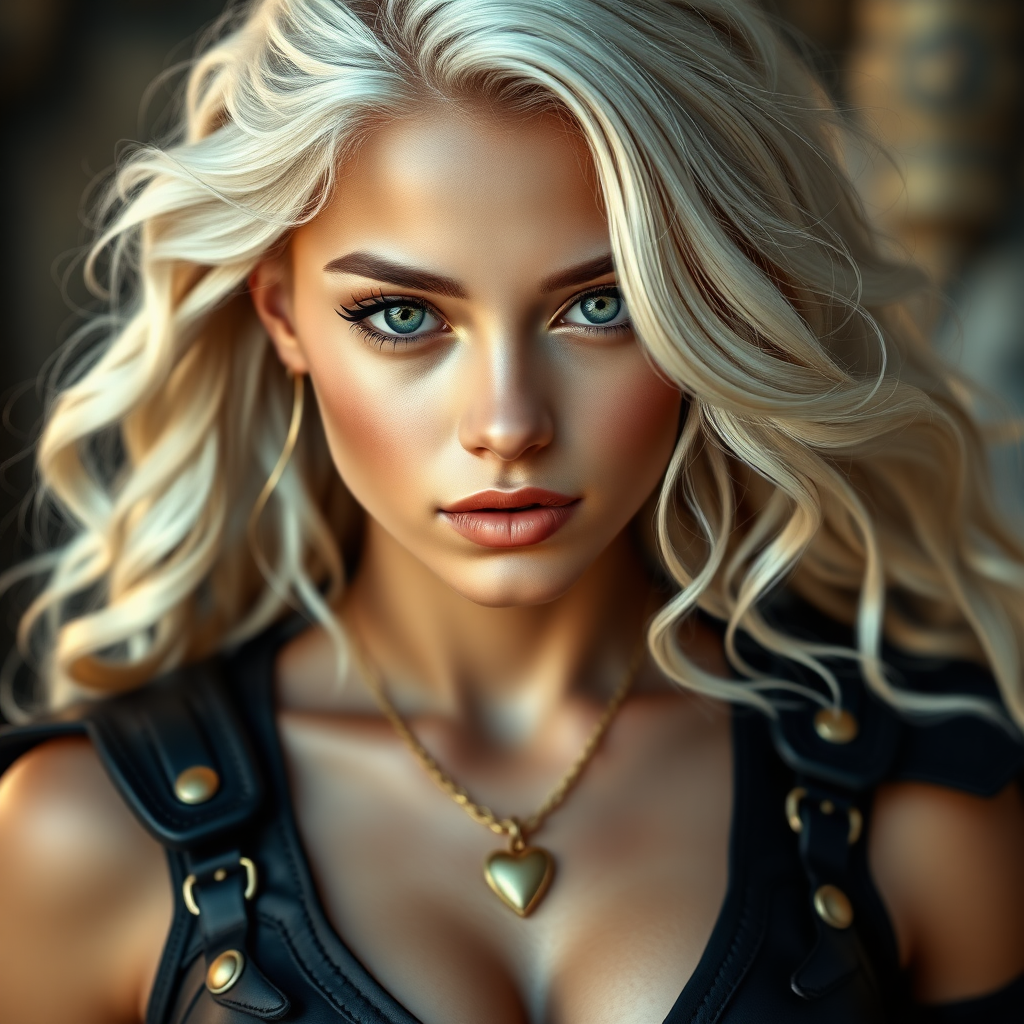 Portrait of a beautiful young woman with long wavy platinum blonde hair, green eyes, a suntan, large breasts, and light brown eyebrows. She is wearing black leather armor and a gold necklace with a small heart pendant.