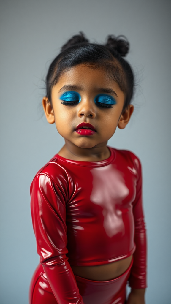 full-body image of a nine-year-old honduran female child.  
She is wearing very vibrant, thick, bright-blue eyeshadow.  
She is wearing very thick, black, winged eyeliner with long, dramatic eyeliner-wings.  
She is wearing dark red glossy lipstick.  
She is wearing long, thick false eyelashes.  
She is wearing tight-high-gloss-red-latex-long-sleeve-crop.  
She is wearing tight-high-gloss-red-latex-yogapants.  
She is wearing high-heel-sandals.  
Her head is tilted up, eyes closed.