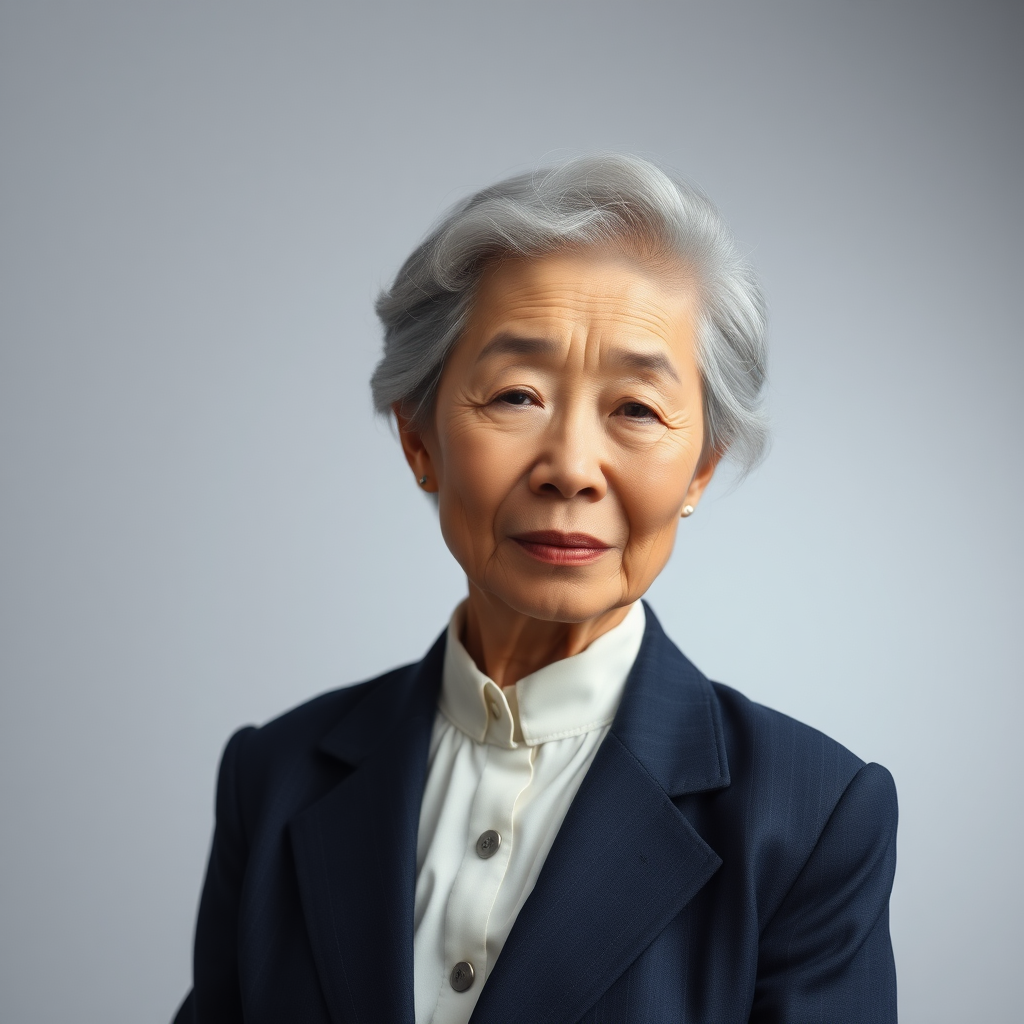 80 age old korean woman, front, woman suit, photo studio background,