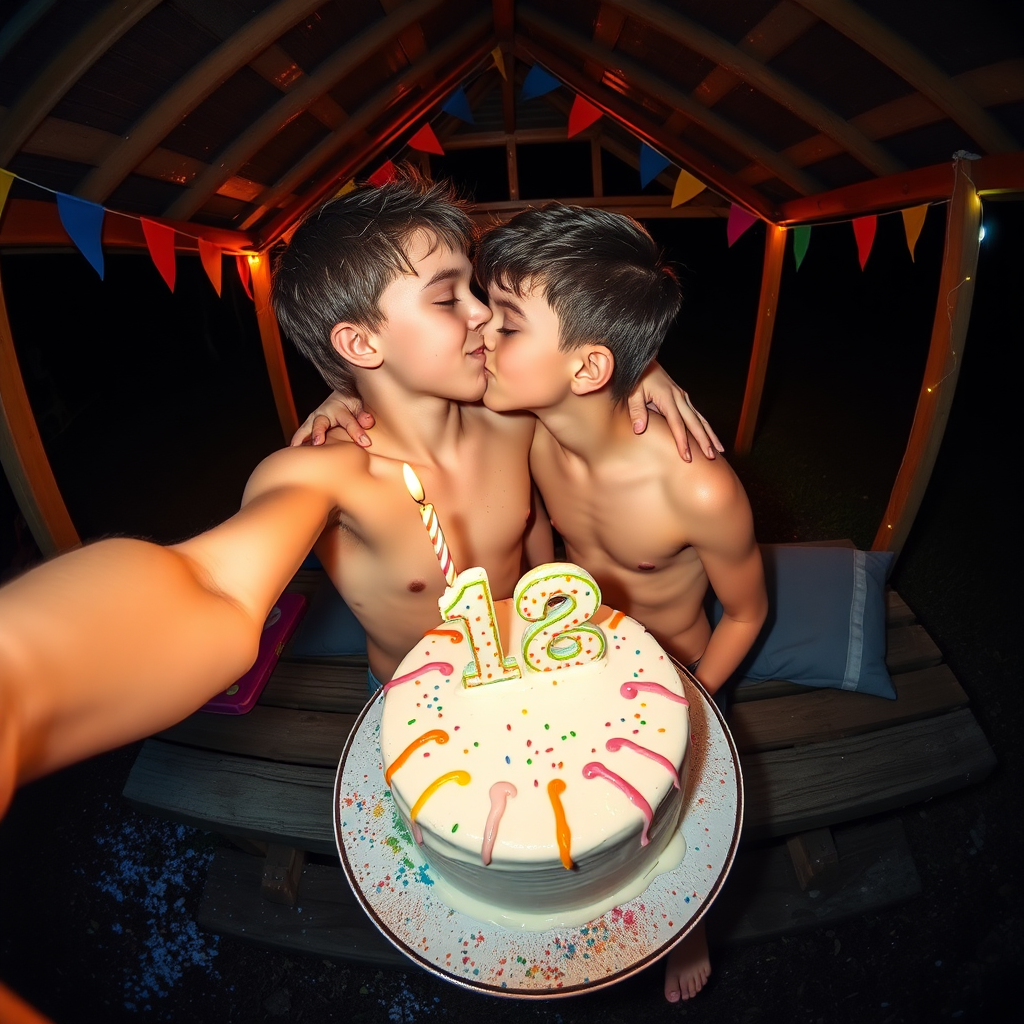 rainbow birthday party!, aerial selfie, selfie stick, night vision, friendly barefoot tween boy shirtless with adorable hair and freckles kissing his brother, candle on cake shaped like 12, they are sticky with smashed birthday cake and icing like runny white mucous, shirtless and in tiny little fitted trunks, alone celebrating in a dark rainy picnic shelter at midnight, winking at the camera, rainbow decorations