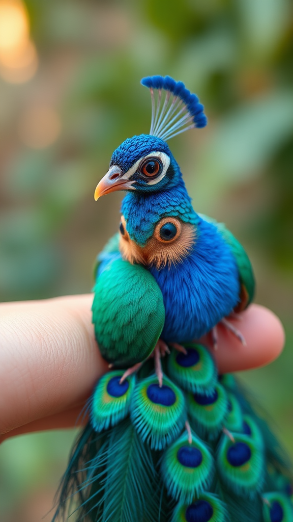 A small tiny cute big eyes big tail blue peacock on hand