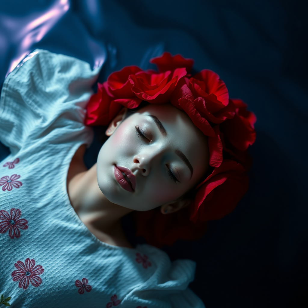 A red rose bouquet head, no human, front view, wearing a white textured dress with pastel minimal floral print design, closeup shot, hyperrealistic, lying inside water with blue and pink effect, nighttime, dark