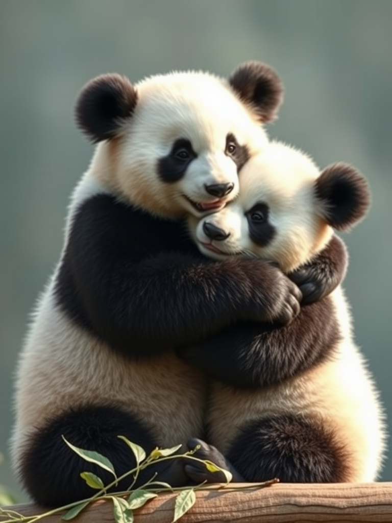 A picture of two panda bears hugging