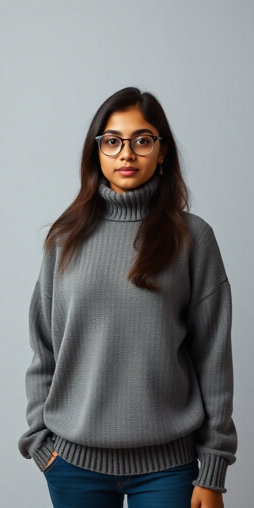 A fullbody photo of a nerdy 18 year old indian woman, wearing a baggy turtleneck sweater, standing