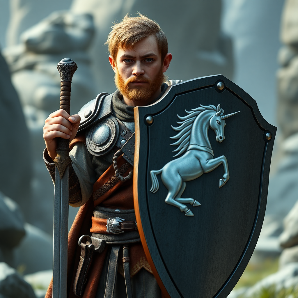 In a fantasy world, a beardless halfling paladin wearing a shield, high definition, normal and standard appearance. Standing character, sword at his side and shield on his left arm. On the shield, there is a silver unicorn depicted, photorealistic.