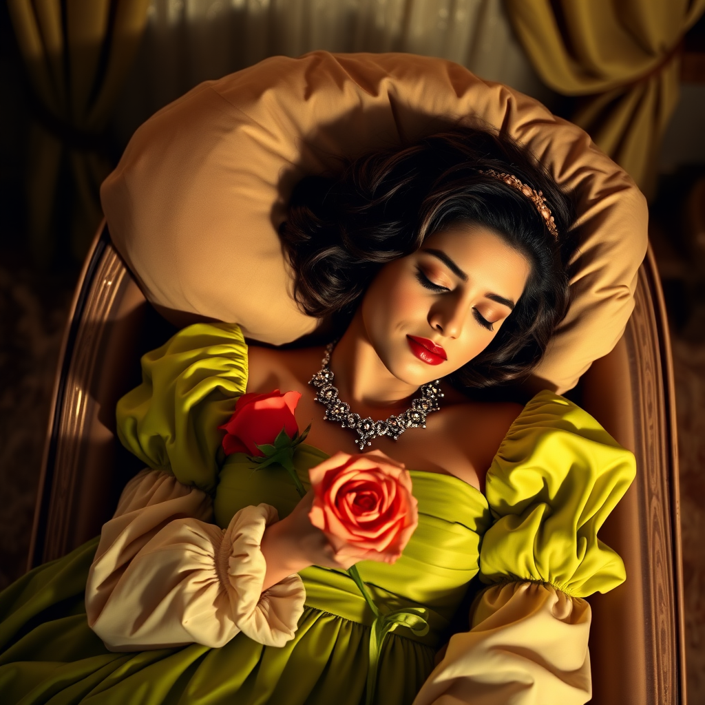 film still of an alluring, feminine 19 year old Pakistani prince with short wavy brown hair in a bob with ringlets, rose lipstick, rose blush, long eyelashes, narrow face, wearing a lime green off shoulder puff sleeve dress with a flowing skirt and white sleeves and a diamond festoon necklace. Sleeping in a funeral bier eyes closed holding a rose, the bedroom is covered by a large curtain in a palace room as the beauty rests forever in a deep death-like sleep.