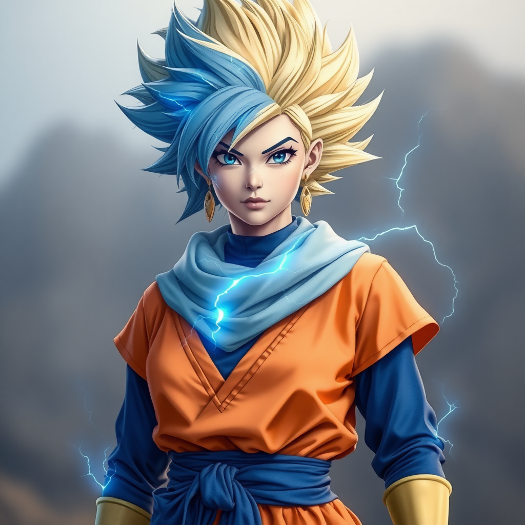 A female Super Saiyan Sacred clothing Hand-made style There is blue lightning in the hair Beautiful appearance