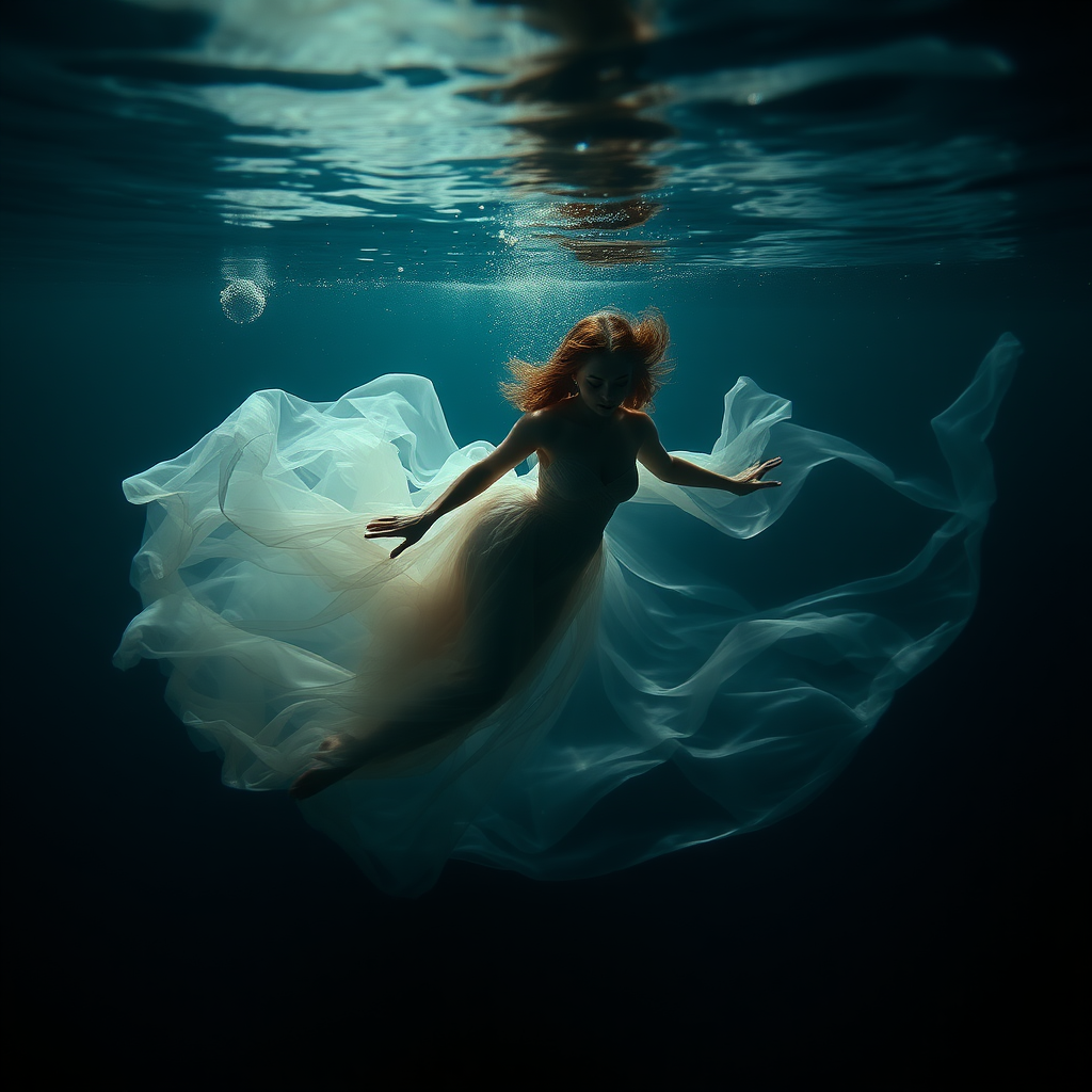 Ethereal beauty swimming underwater in gossamer diaphanous flowing gown, dark deep waters and dramatic lighting, crystal clear water