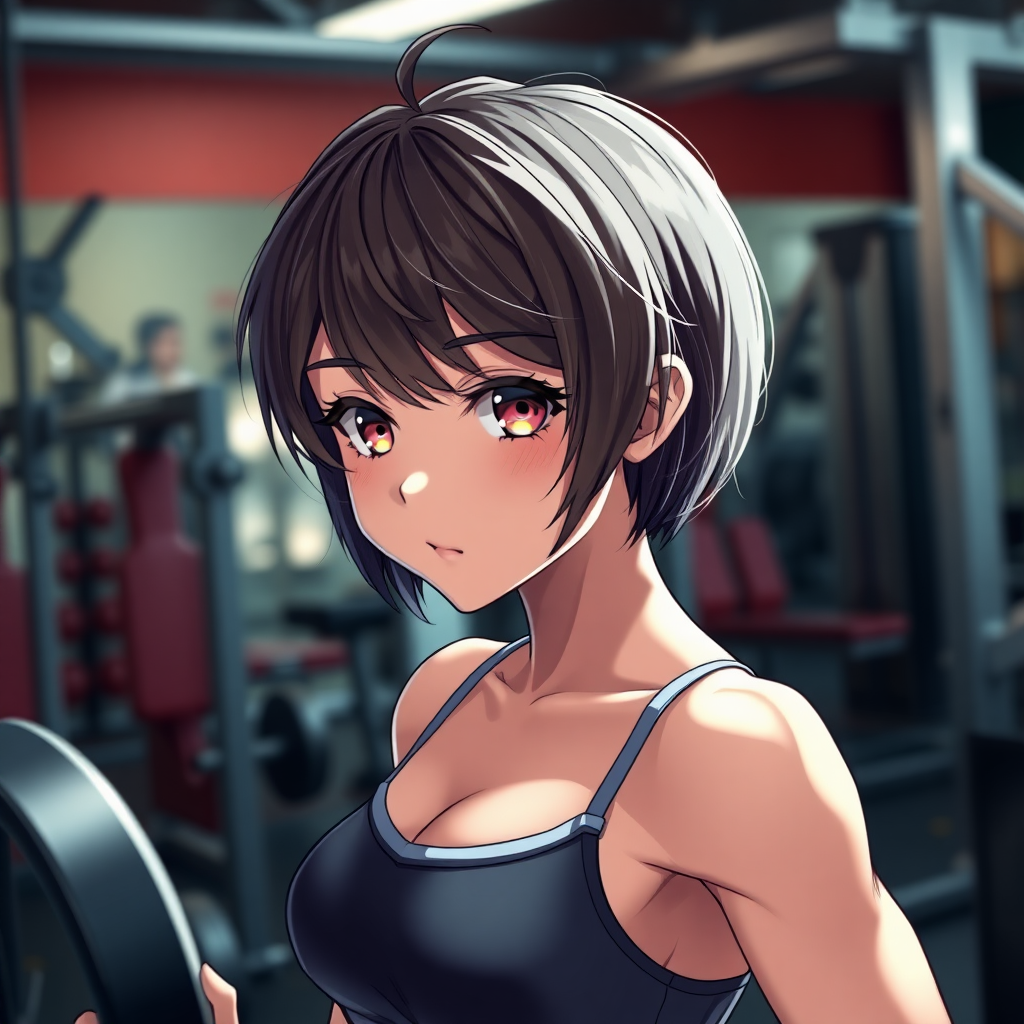 Anime style image, cute fit brunette girl, short hair, gym, sweaty, highly detailed, masterpiece, professional photo, extreme details, high resolution, hdr