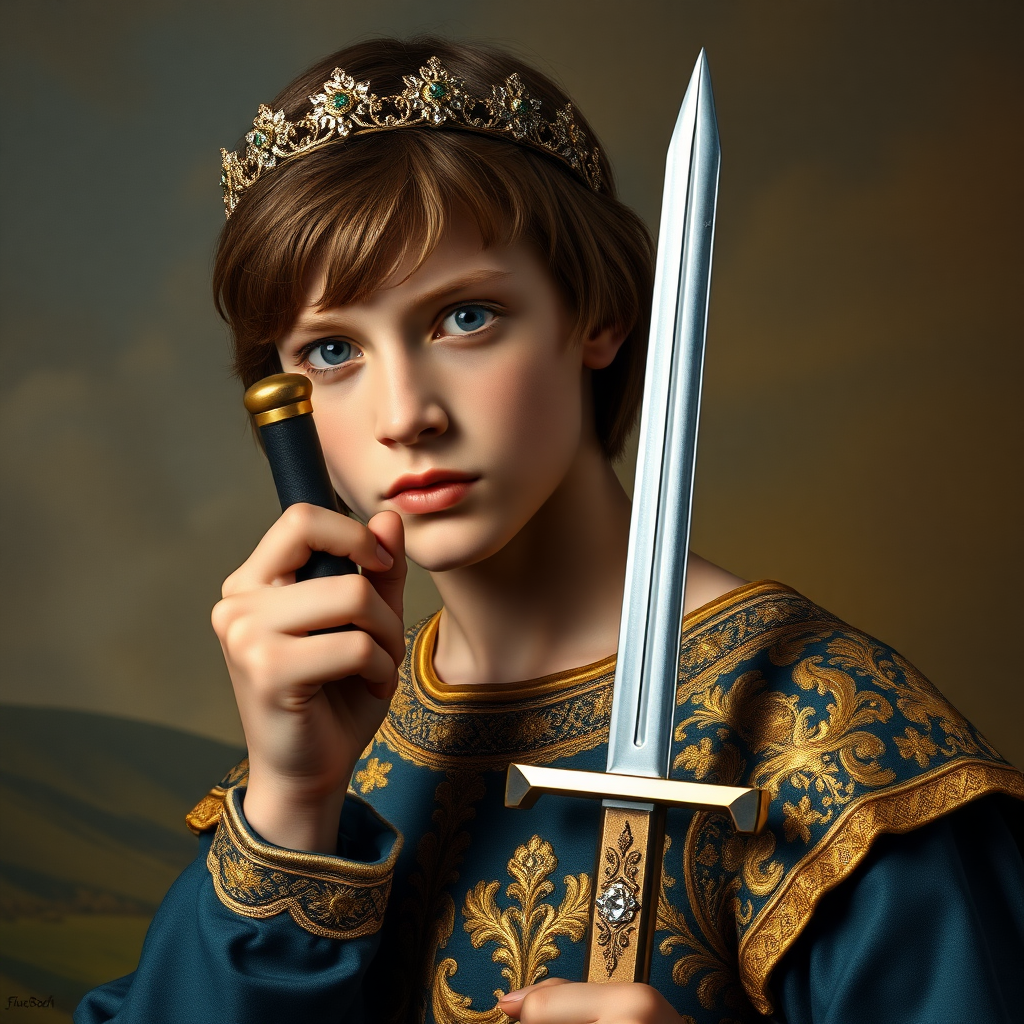 16yo teen boy prince holds his one small sword in a scabbard in his right hand by the hilt, long bob cut, embroidered with gold and diamonds medieval cloths, diamond diadem, natural Skin Texture, visualization of embossed Skin using the play of light and shadow. Free style by 50% Adolphe William Bouguereau and 15% Sandro Botticelli and 35% Otto Lomüller, The background is in the style of landscape style by Antonio del Polaiolo. Studio lighting, professional lighting. Generating the signature at the bottom: FluxBach. 16yo teen boy prince, right hand, holds, the hilt of the sword small sword, scabbard, ultra high resolution, 16K, ultra detailed photograph, 'lightgoldenrodyellow'