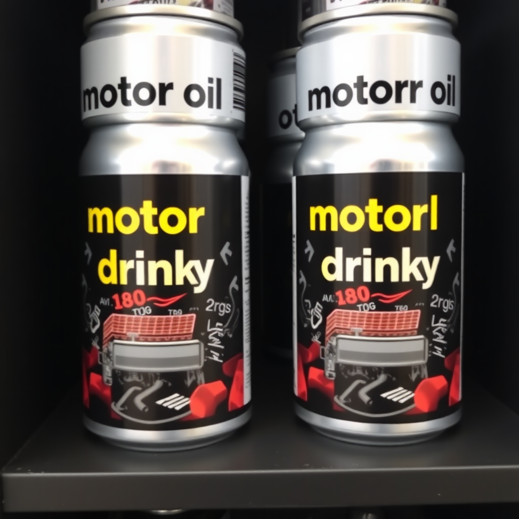 a small shelf with cans that have an image of car engine on the label and text saying "motor oil drink daily"