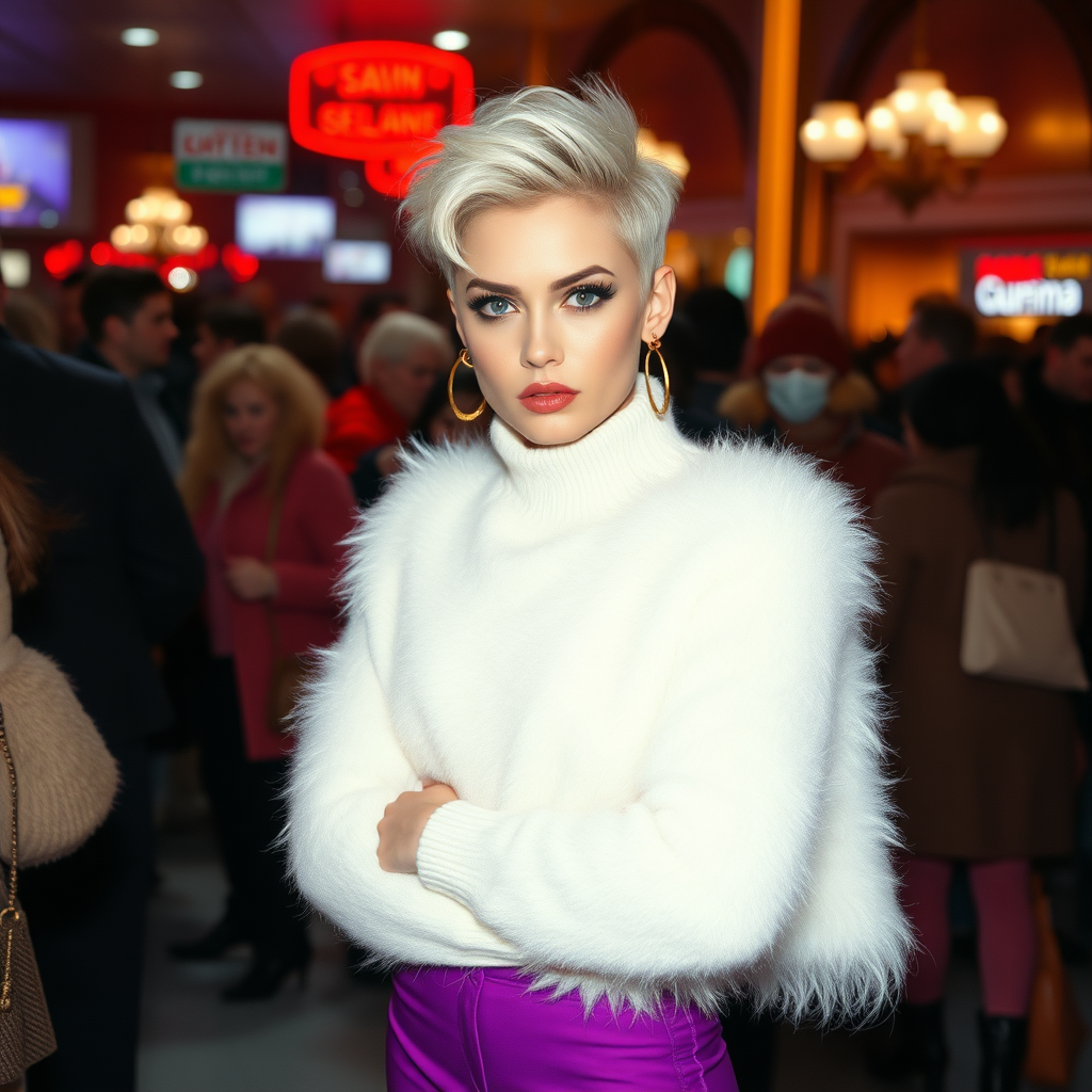 1990 winter evening, crowded cinema lobby: Sam, 19 years old beautiful involuntary femboy, rebellious intractable character, petite boyish figure, platinum blond boyish rebel punk hairstyle, flawless heavily made-up face with sharp arched tattooed eyebrows, wearing Supertanya-style fluffy very fuzzy bright white angora thigh-length turtleneck-poncho fully covering body and arms, purple stretch pants, black leather high-heeled pumps, gold earrings, puzzled alarmed, pout serious, impatiently waiting for her master. Full view, focus on Sam’s face and turtleneck-poncho.