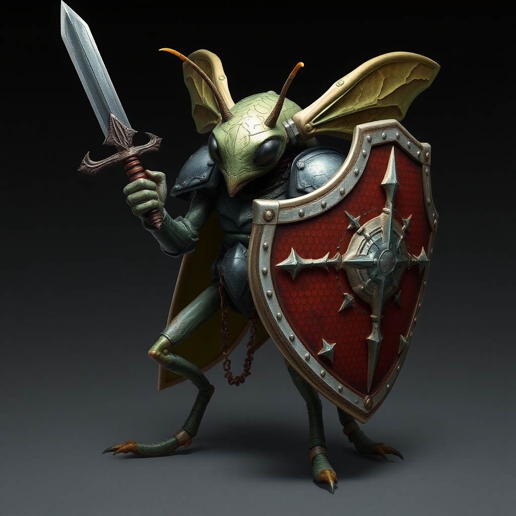 A bipedal insect alien, armoured, sword and shield, realistic