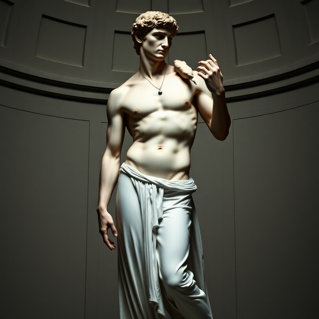 In the world of Vampire the Dark Ages, a man whose body has the same proportions as Michelangelo's David. The character should be dressed in a long white tunic.