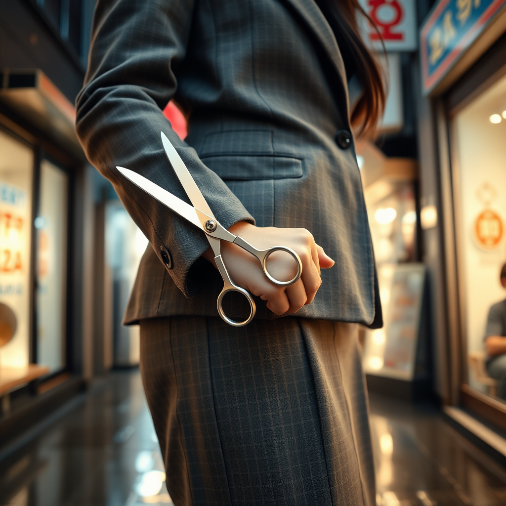 Camera focuses on the lower portion of a young Japanese businesswoman who wears a grey blazer and grey skirt. She grips and holds a pair of scissors at her side, the blades pointed to the ground. The scissors gleam from the lights of the shops in the surrounding alleyway. The lights of the shops are reflected in the rain puddles of the alleyway.