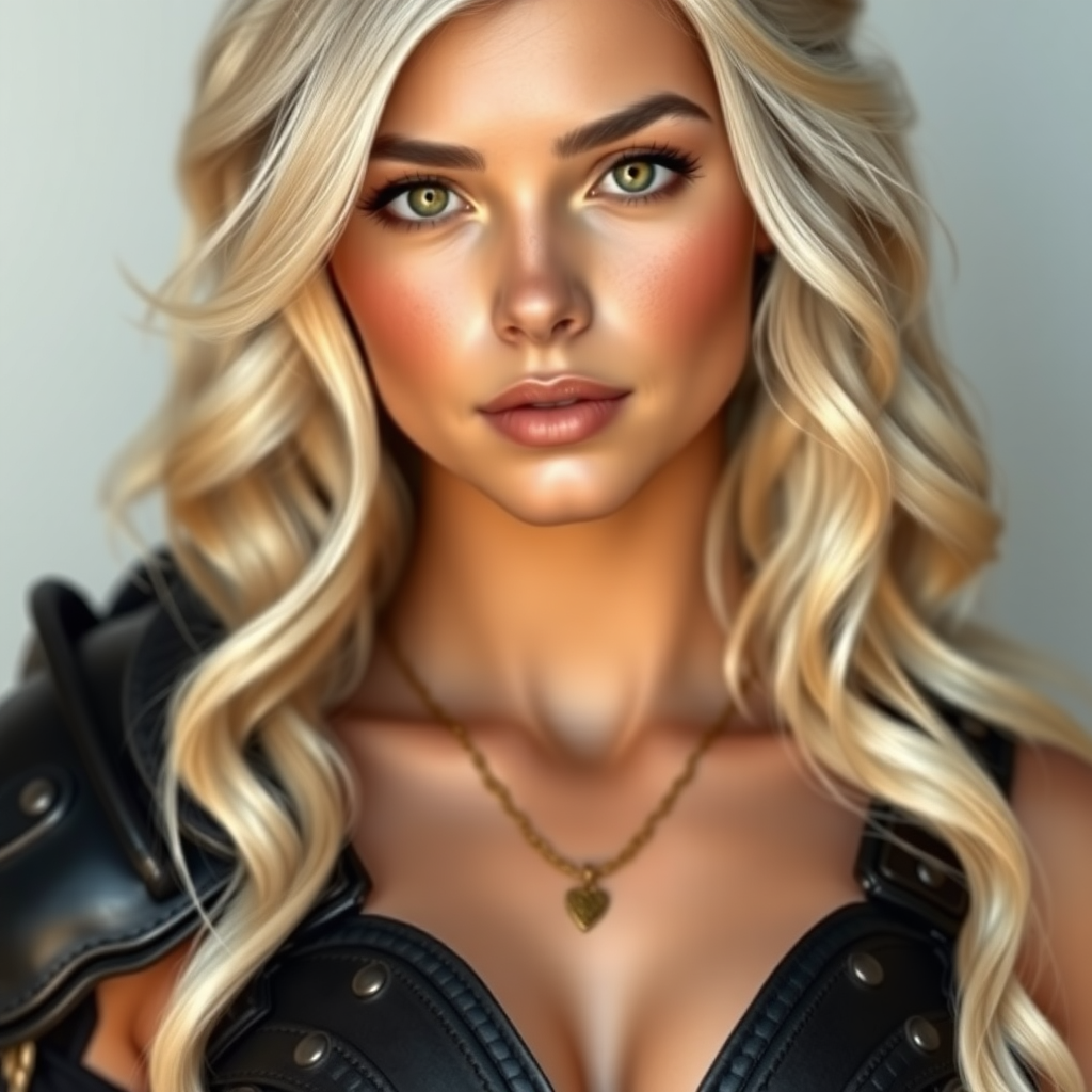 Portrait of a beautiful young woman with long wavy platinum blonde hair, green eyes, a suntan, light brown eyebrows, and large breasts. She is wearing black leather armor and a gold necklace with a small heart pendant.