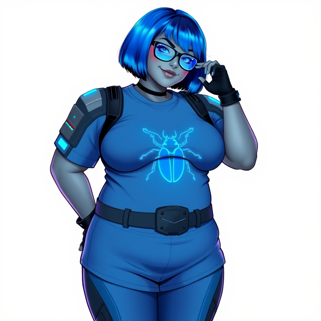 A 28-year-old, full-figured, metallic middle gray skinned computer program hybrid with a vibrant maximum blue bob cut. She has a non-athletic build, highlighted by a prominent, round, large midsection (fully emphasizing her round large belly) while being covered by her large t-shirt, reflecting her new junk food eating habits influenced by her boyfriend. As the full-figured, nerdy, digital sidekick to her cyberpunk vigilante boyfriend, her middle gray metallic skin and maximum blue lipstick underscore her digital essence. She dons a digital, computerized outfit: a large, tight-fitting, high-tech, maximum blue t-shirt with neon blue glowing beetle themed accents complete by a giant neon blue glowing beetle icon on the chest, hi-tech shoulder pads with neon blue accents, a black hi-tech belt with a digital sapphire beetle buckle, digital maximum blue pants with neon blue accents, and black hi-tech gloves with neon blue glowing accents. Her neon blue glowing eyes, black eyeglasses with neon blue glowing lenses equipped with a built-in HUD, and shy smile with neon red blush highlight her nerdiness. She stands bashfully with one hand behind her back and the other gently touching her cheek, her outfit covering all her bare skin and fully emphasizing her full-figured physique (especially her large belly). She is clearly non-athletic, with a heavy focus on her full-figured physique (with full emphasis on her large belly). Despite her build, she radiates beauty. Her slim face contrasts with her physique, accentuating her radiant beauty. She is set against a solid white background. She is drawn as if she were in a retro 2D cyberpunk fighting game.