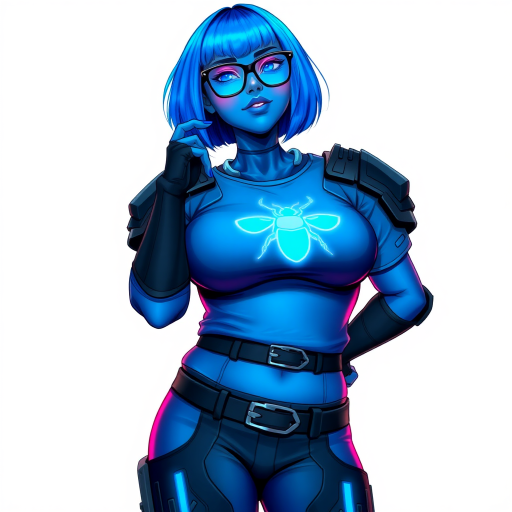 A 28-year-old, full-figured, metallic maximum blue (5PB 5/10) skinned computer program hybrid with a maximum blue bob cut. She has a non-athletic build, highlighted by a prominent, round, large midsection (with emphasis on her belly), which shows the effects of her new love of junk food acquired from her boyfriend. As the full-figured, nerdy, digital sidekick to her cyberpunk vigilante boyfriend, her metallic maximum blue skin and maximum blue lipstick (5PB 5/12) emphasize her digital nature. Her skin has a subtle, animated glow, with digital patterns occasionally flickering across it, making her digital nature obvious. She wears a digital, computerized costume, consisting of a huge, tight-fitting, maximum blue t-shirt (5PB 5/12) made out of advanced nanotech with a neon blue glowing chest icon of a beetle, hi-tech shoulder pads with neon blue accents, a black hi-tech belt with a digital neon blue glowing buckle, digital maximum blue biker pants (5PB 5/12) with neon blue accents, and black hi-tech fingerless biker gloves with neon blue glowing accents. Her neon blue glowing eyes, black eyeglasses with neon blue glowing lenses equipped with a built-in HUD, and bashful smile with neon red blush accentuate her nerdiness. She stands bashfully with one hand behind her back and the other hand gently touching her cheek, her costume covering all her skin and emphasizing her full-figured physique (especially her belly). She is clearly non-athletic, with a focus on her full-figured physique. Despite her build, she radiates beauty. She has a slim face compared to her physique, accentuating her radiant beauty. She is on a solid white background. She is drawn as if she were in a retro 2D cyberpunk fighting game.