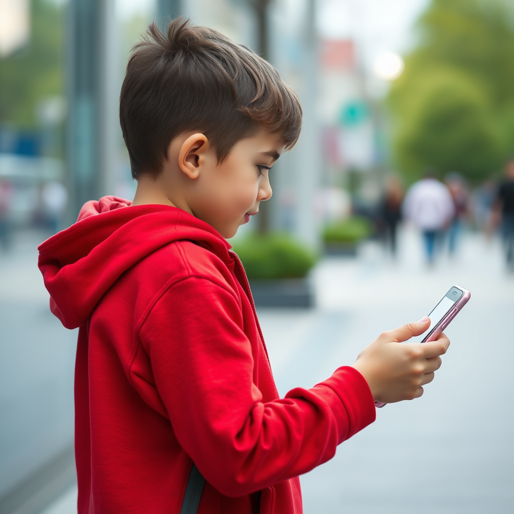 full real image of a kid using a phone turning right