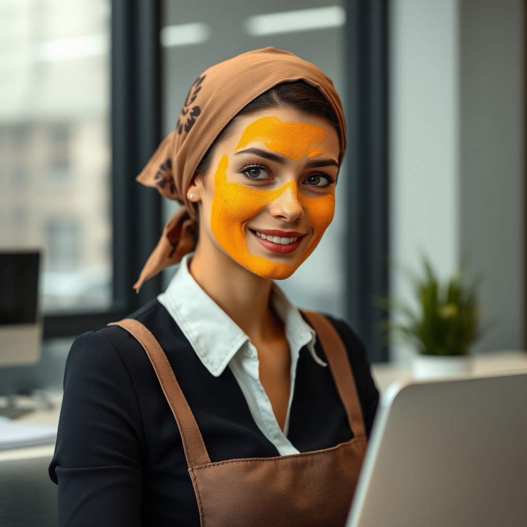 slim, modern, french maid, scarf head, turmeric paste on face, working in office