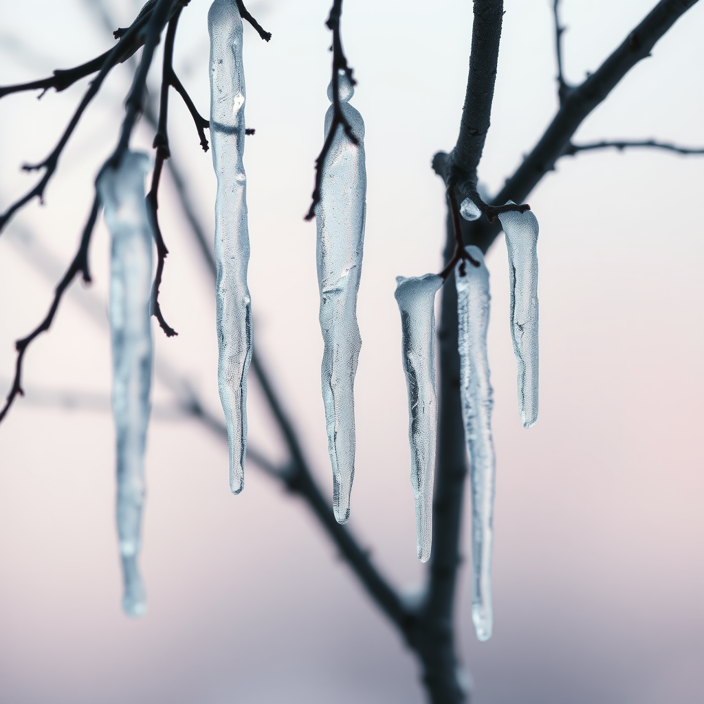 You can see delicate and sparkling icicles hanging from thin, emaciated tree branches up close. This scene captures a serene winter atmosphere with a soft and muted background transitioning from pale pink to cool gray, evoking tranquility. The ice formations are depicted with surreal detail, emphasizing crystal-like clarity and intricate shapes. The branches are dark and textured, contrasting with the translucent ice. Soft light reflects off the icicles, creating a captivating interplay of light and shadow. The overall aesthetic combines elements of calmness and coolness, guiding the viewer into a peaceful winter moment.