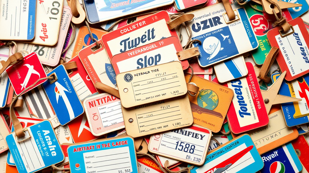 a pile of international airline luggage tags from 1970s