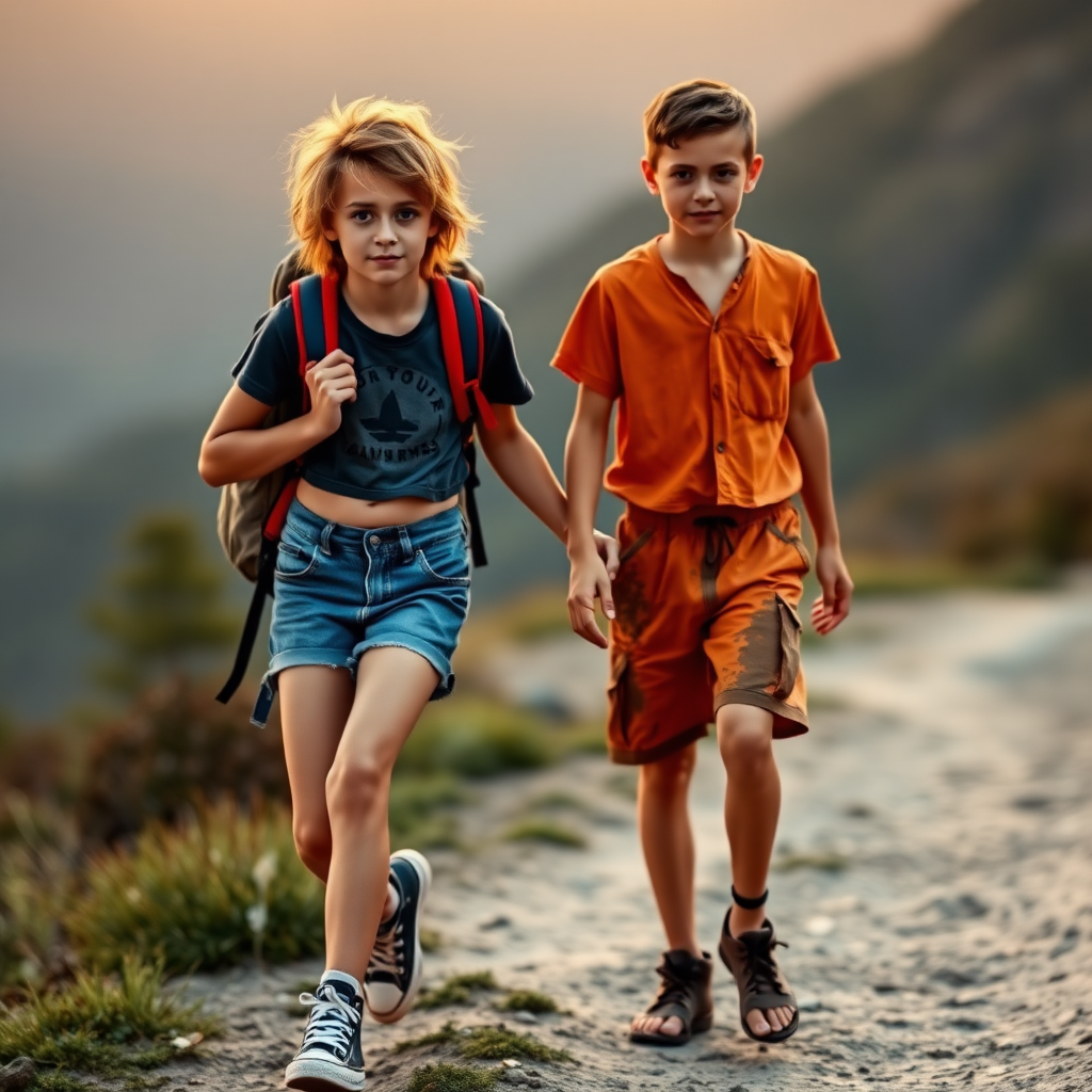 A top model 14yo teen boy, brunette, long layered haircut with a messy hair, wearing a denim booty shorts, a crop top, Black converse all star shoes, with a hiking backpack on his shoulder, he is helping another 14yo teen boy to walk back to his camp. The second boy is wearing booty short orange inmate outfit, he is dirty, covered with mud, barefoot. They are walking in the mountain, at sunset. Both of the boys are looking at the camera. long legs, bare thighs. 1980s style.