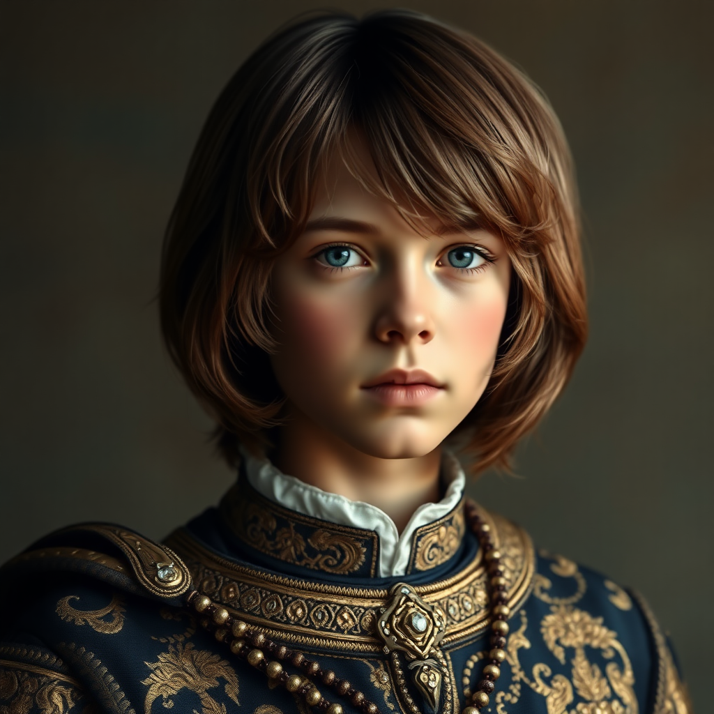 16yo teen boy prince, long bob cut, embroidered with gold and diamonds medieval cloths. photorealistic, ultra high resolution, 16K,