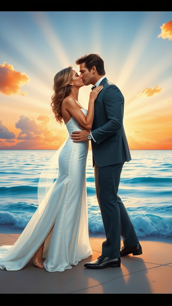 In watercolor painting, In the background, Nicole Kidman and Tom Cruise elegantly dressed, she heels and he patent leather shoes, he passionately kisses the bride, in the background the sea with a beautiful beach, sunset sky with the sun's rays with clouds. 16K ultra-high definition.