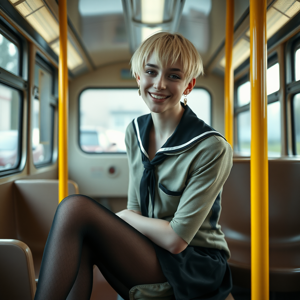 photorealistic, ultra high resolution, 16K, surreal fantasy, soft studio lighting, a pretty 18 year old goth male, slim male physique, short blonde hair, goth makeup, earrings, sheer black pantyhose, UK girls-school uniform, Mary-Jane shoes, sitting in the school bus, excited smile, facing the camera.