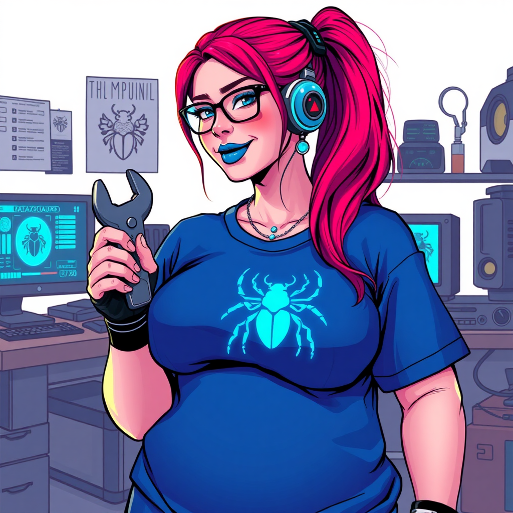 A cyberpunk vigilante’s full-figured intelligent and tech-savvy 29-year-old girlfriend, who is a computer hacker and tech genius. She has a long ruby red ponytail streaked with sky blue. She wears maximum blue lipstick, blue eyes, a sapphire beetle gemstone necklace, sapphire earrings, black eyeglasses, a futuristic holographic wristwatch computer, and an oversized maximum blue t-shirt featuring a neon blue glowing beetle chest icon. She has a full-figured, well-rounded physique with a prominent round midsection, reflecting her well-cared-for lifestyle. Her round midsection is broadened and bloated to emphasize her figure. She sports a sapphire headset with a high-tech maximum turquoise lensed HUD, and a shy smile with a neon red blush. She is holding a futuristic hi-tech wrench while standing in her workshop in front of her computer desk and work bench. The background is solid white. She is drawn as if she was in a retro 2D cyberpunk fighting game.