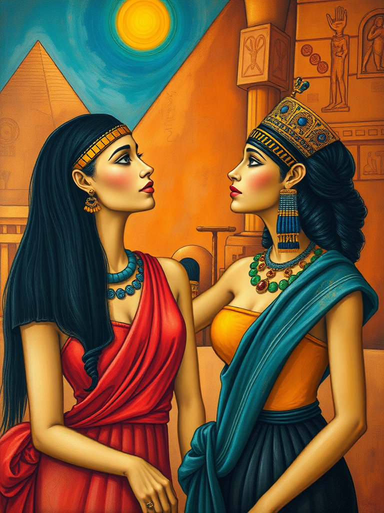 Create the following picture prompt: An image in the style of Marc Chagall and Egyptian style. Depict two surrealistically painted women in an ancient Egyptian landscape.