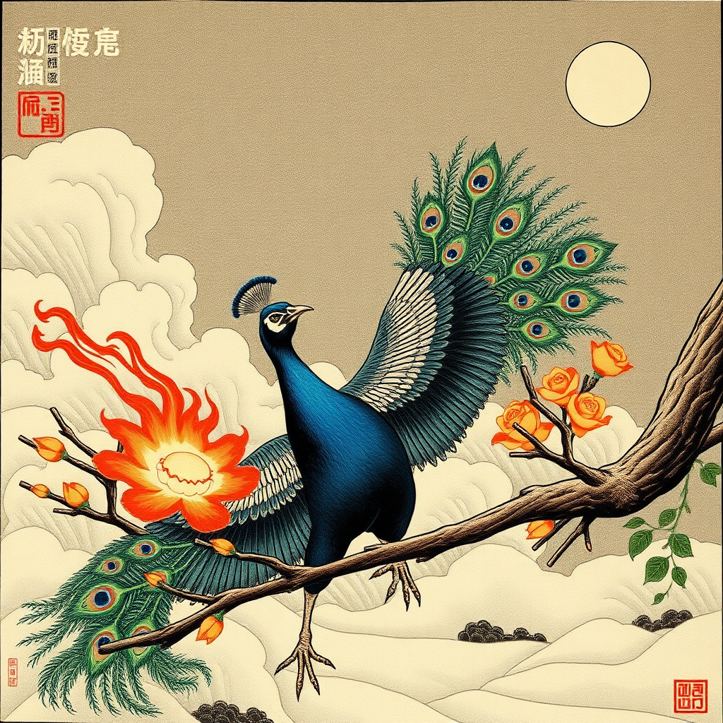 A peacock fighting nazis, Chinese woodcut