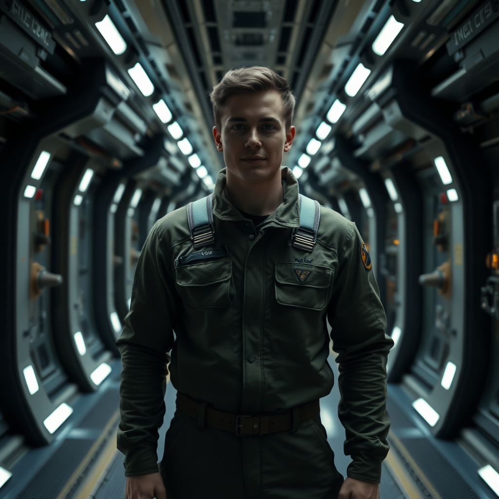 Cameron Mitchel in a jumpsuit standing in a dimly lit hallway of a space ship