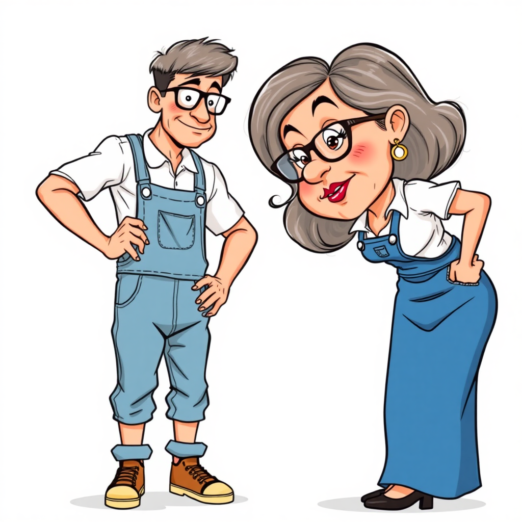 20 year old european skinny boy wearing work overalls is blushing excited while listening to a towering 55 Years old, European, Latina, sharp aquiline nose, wrinkles, high cheekbones, Middle Eastern, Skinny, Tanned skin, Dark light skin, Rounded Medium breasts, Skinny thighs, full Makeup, jewelry, Serious face, Sharp nose, blushing, Ash hair, short bowl haircut, Brown eye color, Glasses, with detailed features. Hands on hips, She is bent over the boy, she is wearing a white shirt and a blue skirt, detailed fabric. full body, high heels sandals, long establishing shot, 2D, caricature, cartoon, Sketch lines, coloring book, nlack and white, coloring book style on white background, well composed, clean coloring book page, No dither, no gradient, strong outline, No fill, No solids, vector illustration