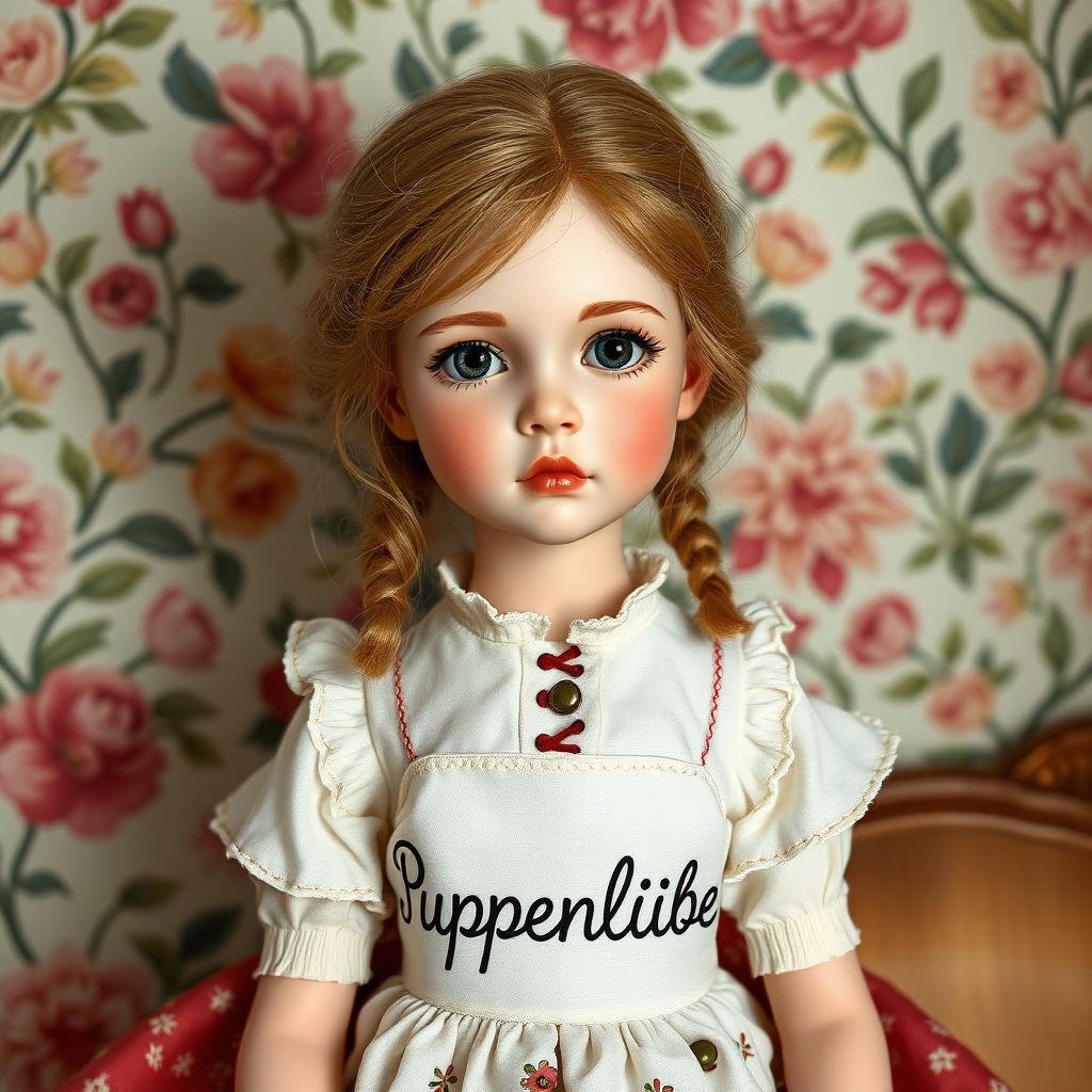 ooak art doll, artist doll, realistic doll, life-like porcelain doll, young preteen girl, unique personality, bisque doll, floral wallpaper, text "Puppenliebe" on dress, vibrant colors, aesthetic art