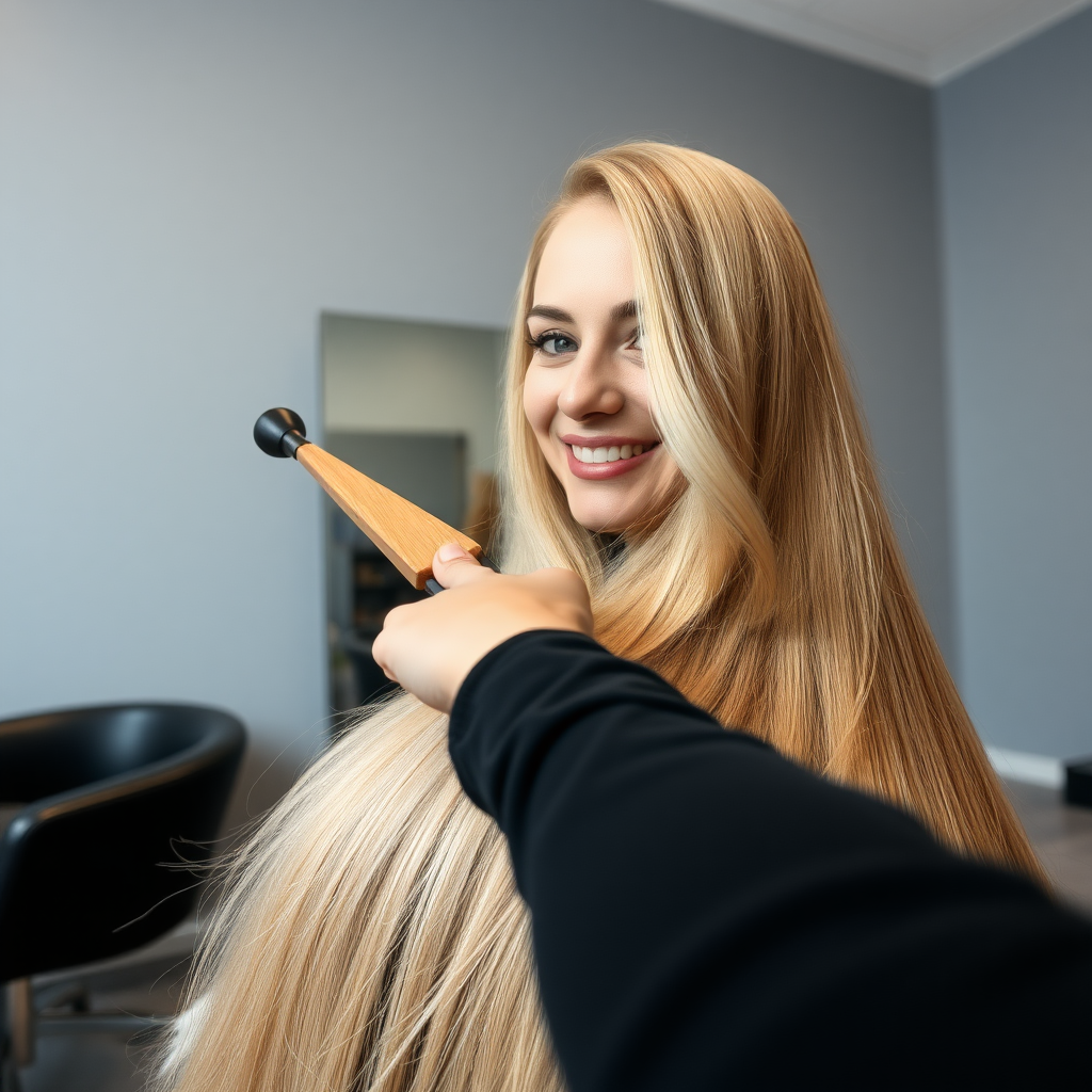 POV, beautiful very long haired blonde woman sitting in a hair salon smiling at the camera while I reach out from behind the camera to trim her very long hair. Plain gray background.