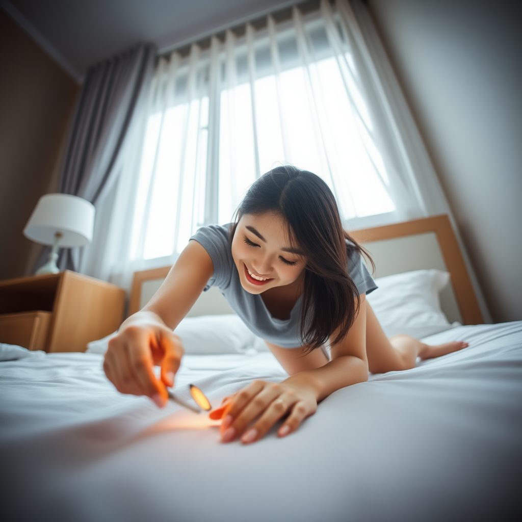 photo low angle full body shot beautiful xiaomeimei smiles looking down. She is kneeling on the bed reaching for a coin