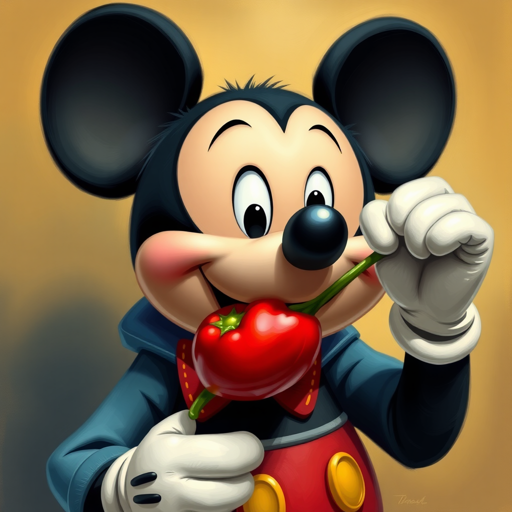 Mickey Mouse eating a small round pepper.