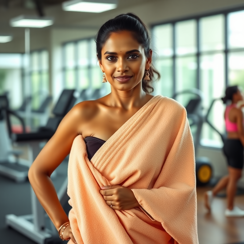 South Indian housewife, wrapped in towel, standing in gym