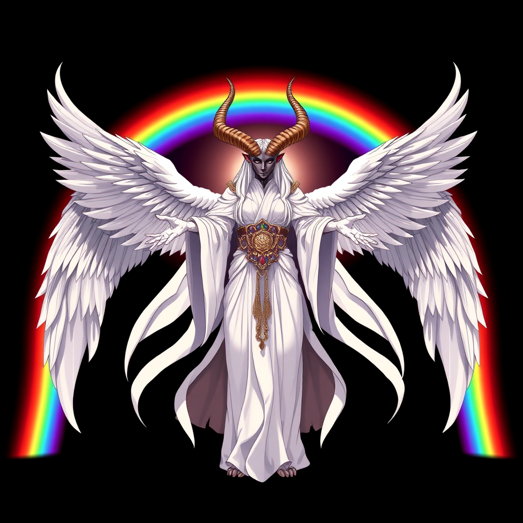 (Anime-styled art) Against a black backdrop, a vibrant, rainbow-like barrier radiates with energy. A powerful, goddess whose face is faceless stands at the center, adorned with two imposing goat horns. Her majestic form is draped in flowing white robes, and four massive angelic wings spread wide from her back. With an aura of divine power, she holds her hands out in a commanding gesture, exuding an otherworldly presence.