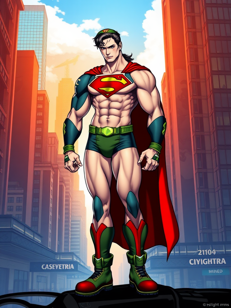 Create a full-length image of Superman with the body traits of Cammy from Street Fighter. Retain Superman's original head and face, but modify his physique to emphasize a lean, athletic torso, defined abs, and toned arms, echoing Cammy's angular features. His legs should be muscular yet agile, reflecting a more feminine silhouette. Keep the iconic Superman costume but integrate Cammy's tactical elements like her signature beret and combat boots, along with green accents in the cape and emblem. Set the background in a blend of Metropolis and a vibrant military base, combining skyscrapers with camouflage elements for a dynamic fusion of both characters' worlds.