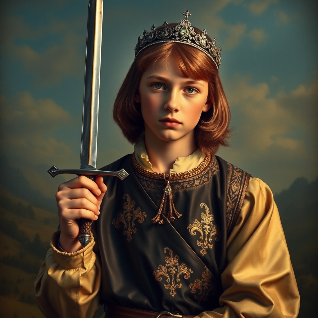 16yo teen boy prince holds his one small sword in a scabbard in his right hand by the hilt, long bob cut, embroidered with gold and diamonds medieval cloths, diamond diadem, and Beautiful War, natural Skin Texture, visualization of embossed Skin using the play of light and shadow. Free style by 50% Adolphe William Bouguereau and 15% Sandro Botticelli and 35% Otto Lomüller, The background is in the style of landscape style by Antonio del Polaiolo. Studio lighting, professional lighting. Generating the signature at the bottom: FluxBach. ultra high resolution, 16K,