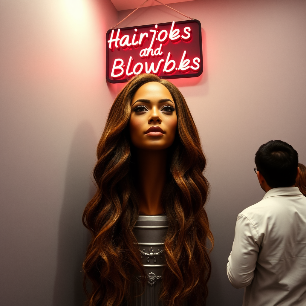 In a well lit corner of an unconventional long hair fetish store, an astonishing sight awaits—the real, live, flesh and blood disembodied head of Beyoncé, her luxurious, cascading waves of hair that flow down to the ground glistening under the soft overhead lights. The striking contrast of her rich, dark locks against her flawless, sun-kissed complexion creates a mesmerizing visual. Resting atop an elegantly designed pedestal, the head appears almost otherworldly, with bright, expressive eyes that convey an engaging mixture of charm and mischief.

The plain gray background enhances the surreal atmosphere, offering a stark canvas that emphasizes the vivid details of her captivating visage. A whimsical, neon sign in bold letters hangs just above, proclaiming "Hairjobs and Blowjobs," adding a playful yet provocative element to the scene. The air is scented with subtle notes of jasmine and vanilla, creating an enticing ambiance that also hints at the allure of the unusual subject on display.

Nearby, curious patrons peer closer, their expressions a blend of fascination and disbelief, as they engage in hushed conversations about the unique offering. The atmosphere buzzes with excitement, an exhilarating energy stemming from a mix of humor and the exotic, making this peculiar shop a truly unforgettable destination for those who dare to explore their fetishes.